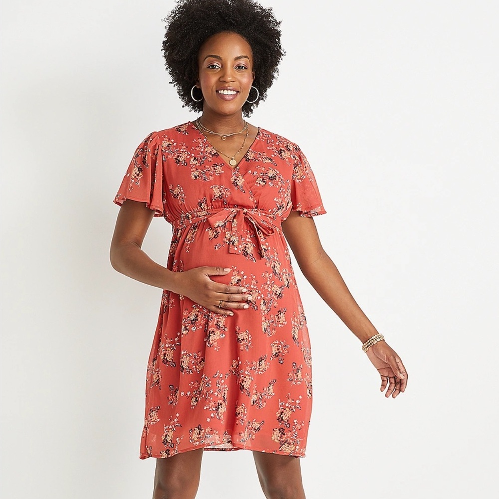 Floral Flutter Sleeve Wrap Nursing Friendly Maternity Dress